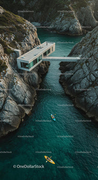 Luxury Cliffside Home with Kayakers on Turquoise Waters