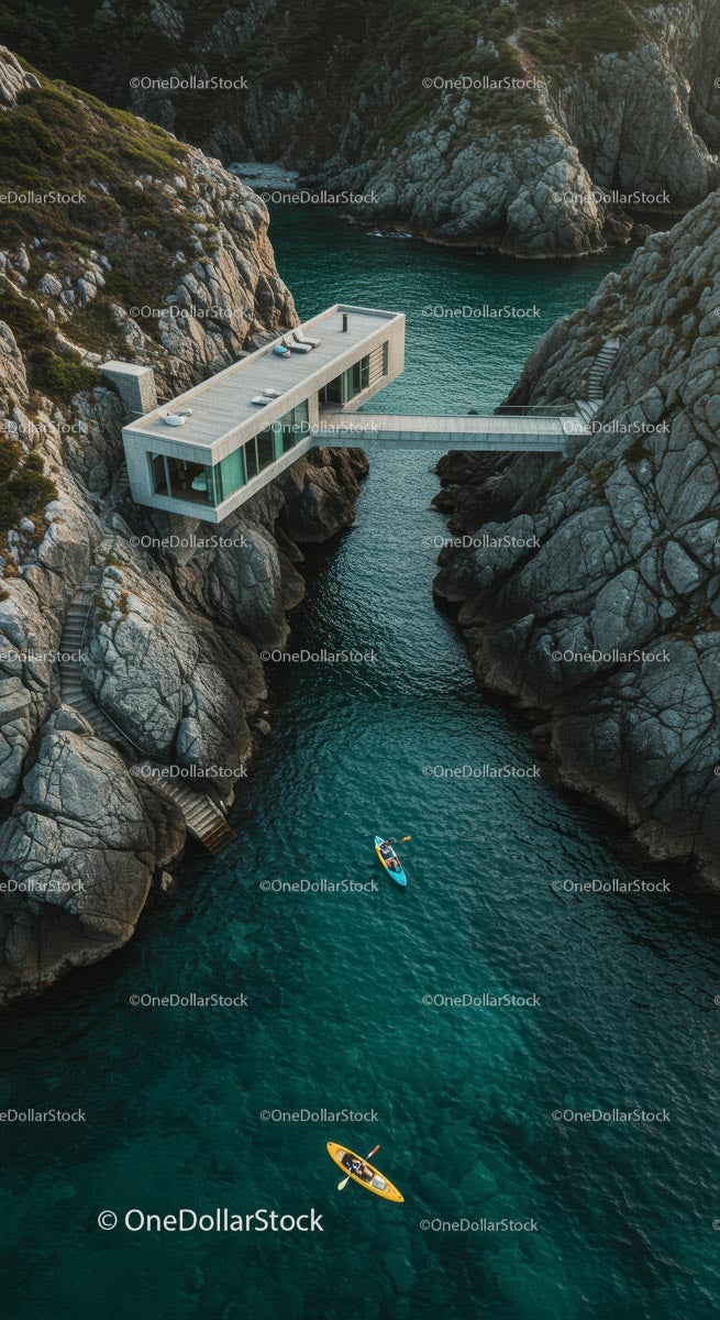 Luxury Cliffside Home with Kayakers on Turquoise Waters