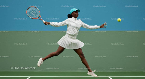 Dynamic Female Tennis Player in Mid-Swing Action