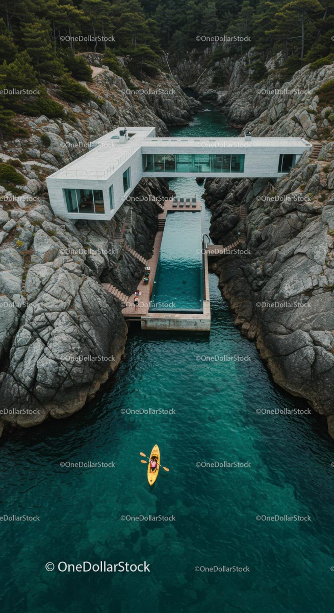 Luxury Cliffside Home with Kayakers on Turquoise Waters