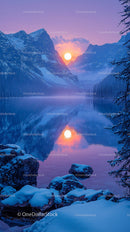 Breathtaking Winter Sunset Over Snowy Mountain Lake