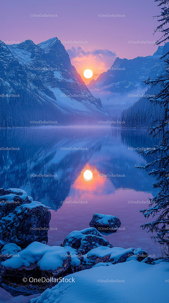 Breathtaking Winter Sunset Over Snowy Mountain Lake