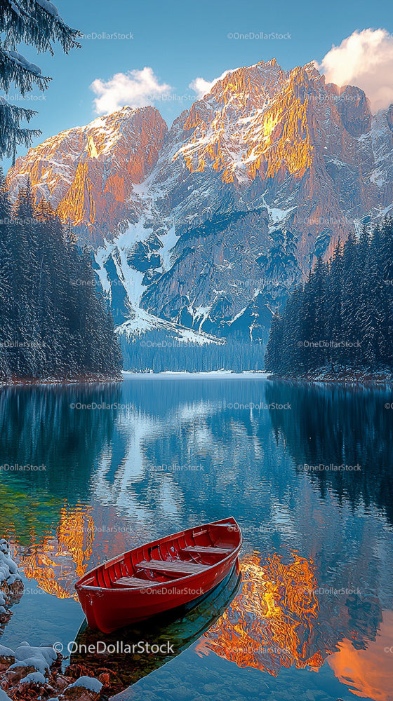 Red Boat on Tranquil Lake with Majestic Mountain View