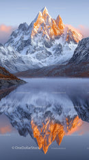 Majestic Snow-Capped Peaks Reflecting in Tranquil Lake at Sunrise