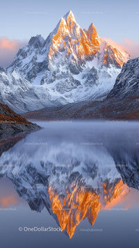 Majestic Snow-Capped Peaks Reflecting in Tranquil Lake at Sunrise