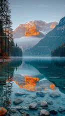 Mountain Sunset Reflection in Tranquil Lake with Autumn Colors