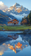 Alpine Cabin with Majestic Mountain Reflection in Autumn