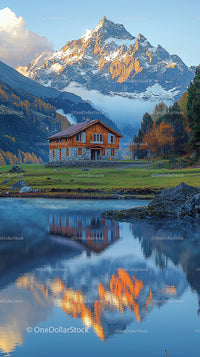 Alpine Cabin with Majestic Mountain Reflection in Autumn