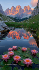 Majestic Pink Water Lilies in Alpine Twilight Reflection