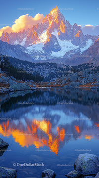 Majestic Mountain Peaks Reflecting in Serene Lake at Sunset