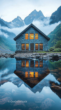 Mountain Cabin Reflecting in a Tranquil Alpine Lake