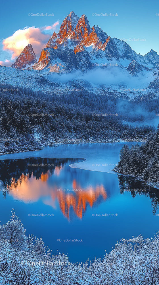 Snowy Mountain Peaks Reflected in a Serene Lake at Sunrise