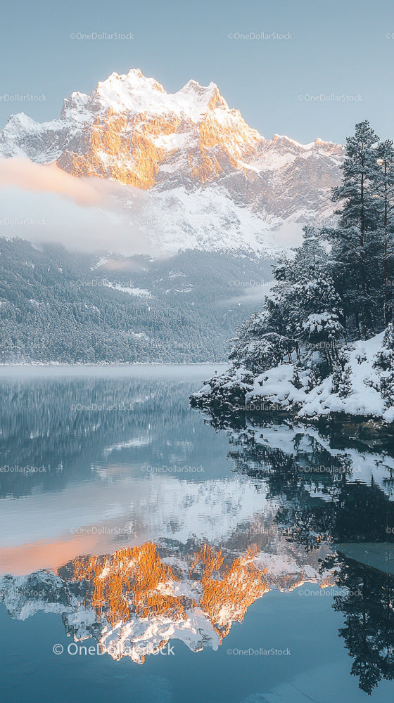 Stunning Snowy Mountains Reflecting in Tranquil Winter Lake