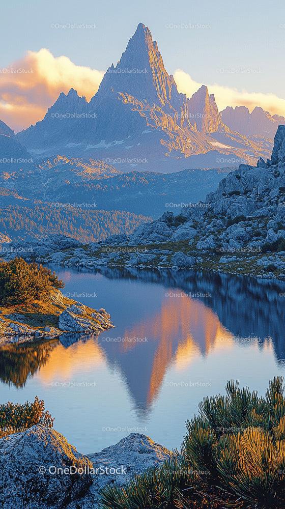Majestic Mountain Reflection in Tranquil Alpine Lake at Sunset