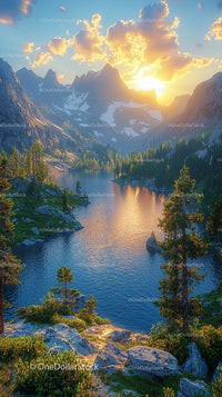 Breathtaking Sunset Over Alpine Lake and Mountain Range
