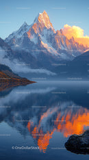 Snow-Capped Mountain Reflecting in Tranquil Lake at Sunrise