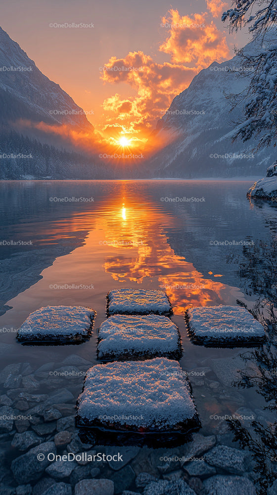 Golden Sunset Over Snowy Mountains and Reflective Lake