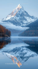 Majestic Snowy Mountain Reflecting in Serene Lake at Dawn