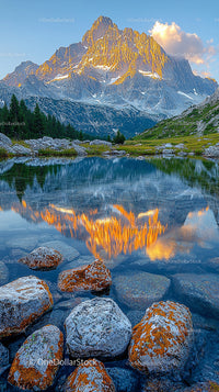 Sunset Reflection Over Majestic Mountain Peaks and Alpine Lake
