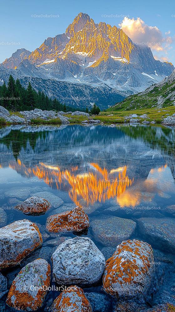 Sunset Reflection Over Majestic Mountain Peaks and Alpine Lake