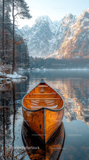 Wooden Canoe on Serene Lake with Snow-Capped Mountain Background