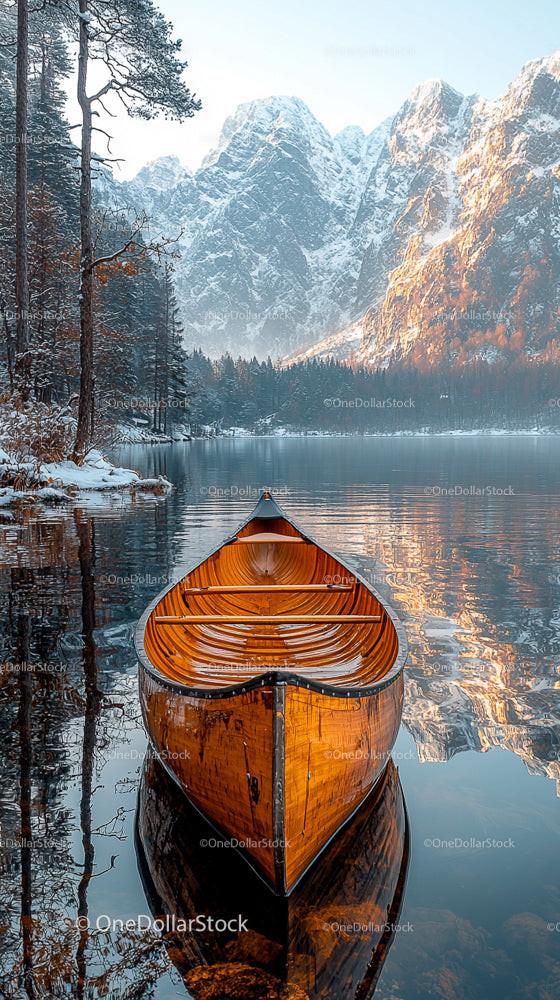 Wooden Canoe on Serene Lake with Snow-Capped Mountain Background