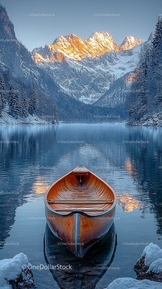 Wooden Canoe on a Serene Alpine Lake at Sunrise