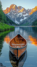 Canoe on a Serene Mountain Lake at Sunset