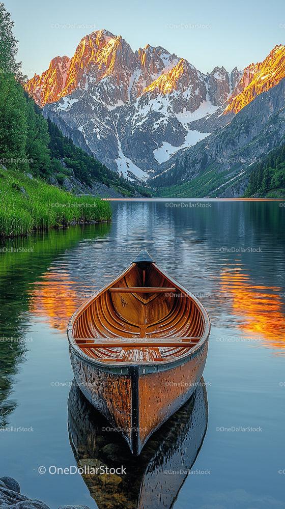Canoe on a Serene Mountain Lake at Sunset