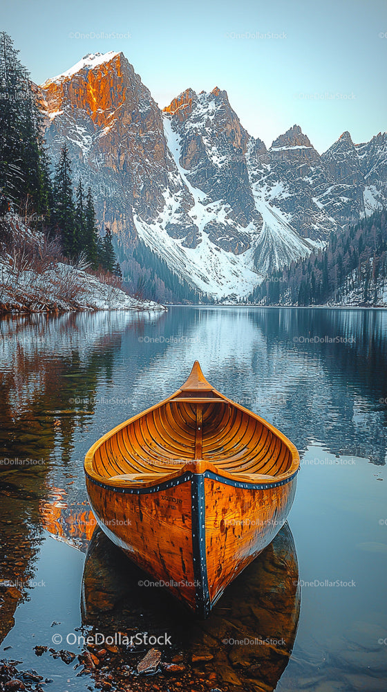 Wooden Canoe on Serene Mountain Lake at Sunset