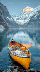 Yellow Canoe on Tranquil Lake with Snow-Capped Mountains