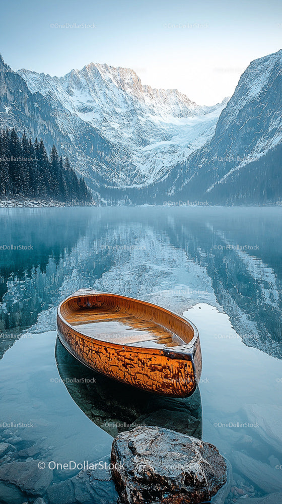 Wooden Canoe on Misty Mountain Lake with Snowy Peaks