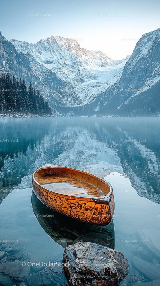 Wooden Canoe on Misty Mountain Lake with Snowy Peaks