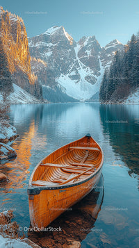 Wooden Boat on Tranquil Lake with Snowy Mountain View