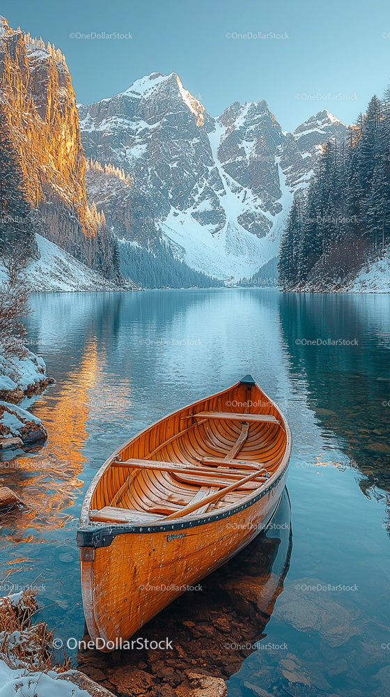 Wooden Boat on Tranquil Lake with Snowy Mountain View