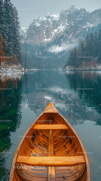 Wooden Boat on Serene Lake with Snow-Capped Mountains