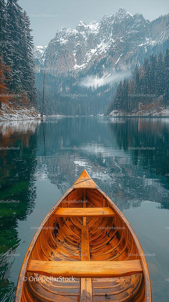Wooden Boat on Serene Lake with Snow-Capped Mountains