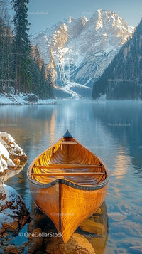 Wooden Canoe on Tranquil Alpine Lake with Snowy Mountains