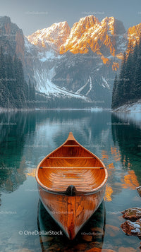 Wooden Canoe on Tranquil Mountain Lake at Sunrise