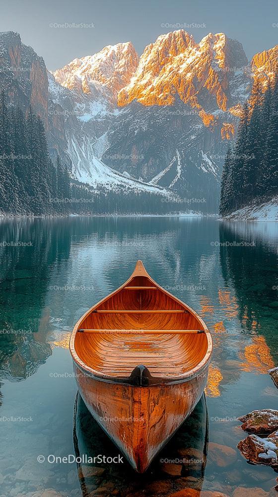 Wooden Canoe on Tranquil Mountain Lake at Sunrise