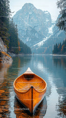 Wooden Canoe on Tranquil Mountain Lake with Snowy Peaks