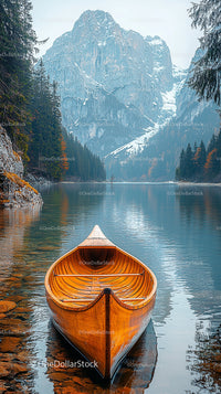 Wooden Canoe on Tranquil Mountain Lake with Snowy Peaks
