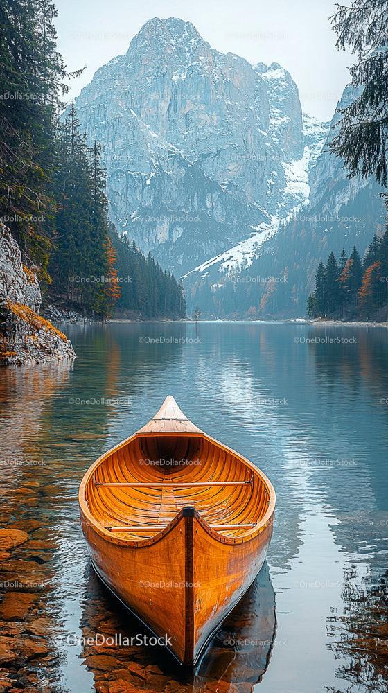 Wooden Canoe on Tranquil Mountain Lake with Snowy Peaks