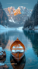 Canoe by Snowy Mountain Lake at Sunrise