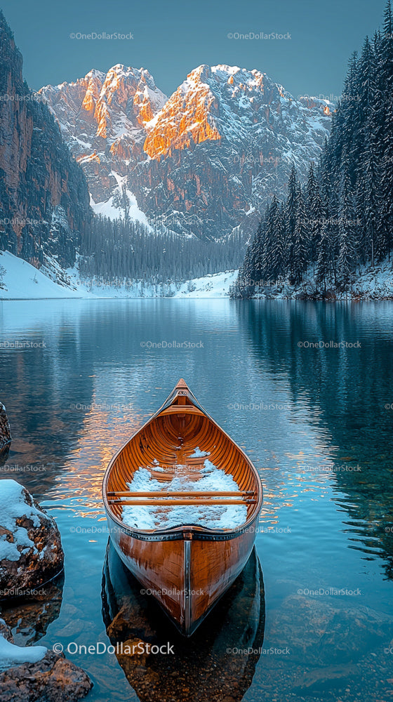 Canoe by Snowy Mountain Lake at Sunrise