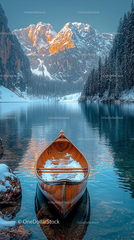 Canoe by Snowy Mountain Lake at Sunrise