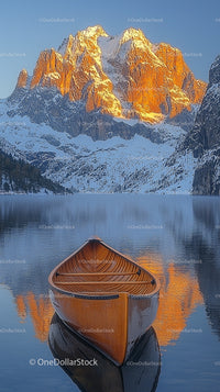 Canoe on Tranquil Lake with Snowy Mountains at Sunset