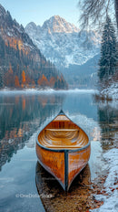Wooden Canoe on Serene Mountain Lake in Winter Landscape