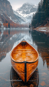 Wooden Canoe on Serene Lake Against Snowy Mountain Backdrop