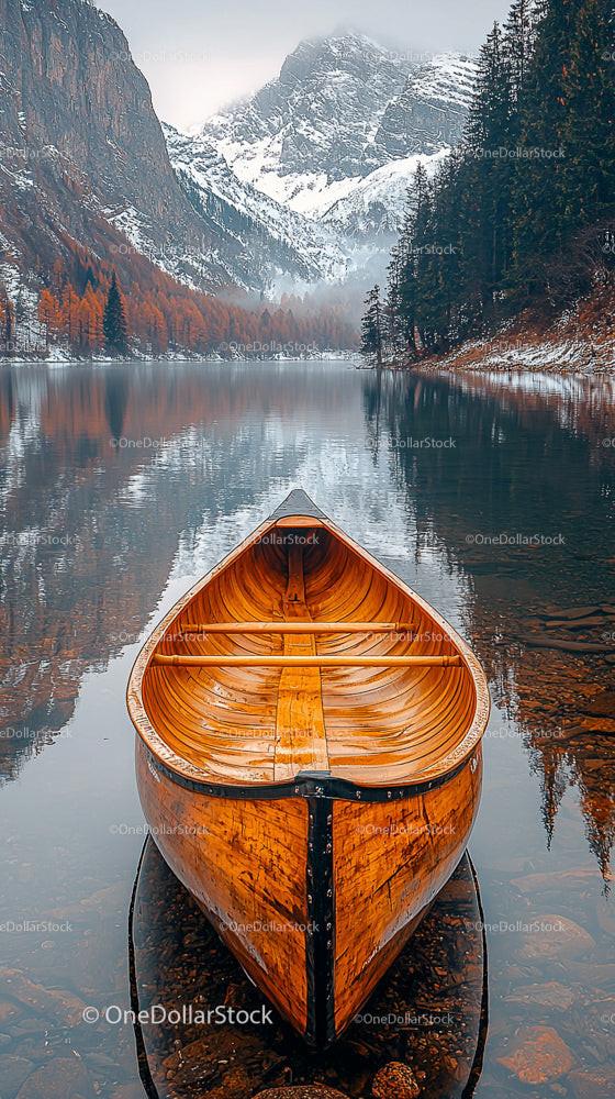 Wooden Canoe on Serene Lake Against Snowy Mountain Backdrop